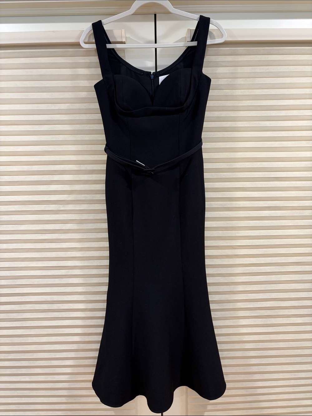 NWOT Roland Mouret Black Square-Neck Midi Dress with Slim Belt, Size US 6